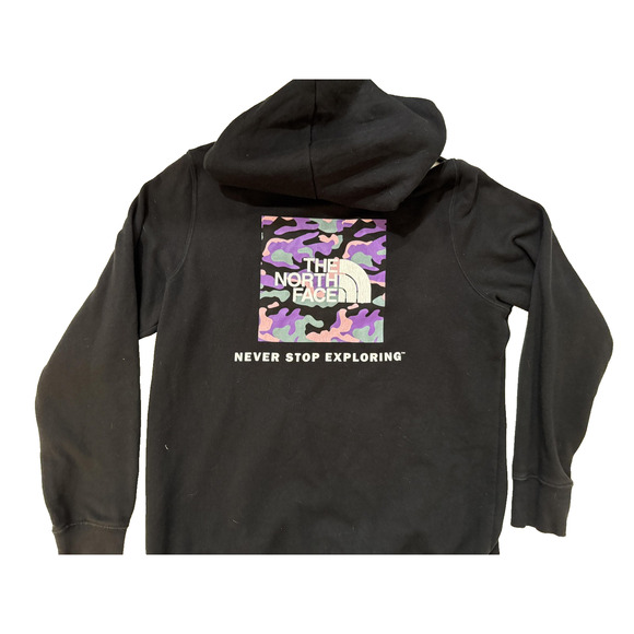 North Face Hoodie Womens Medium Black Pullover Camo Never Stop Exploring Logo - Picture 1 of 7